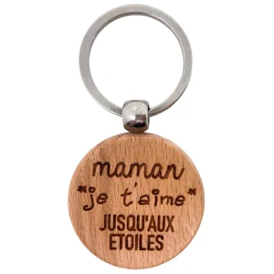PORTE-CLEFS ROND EN BOIS - MAMAN - JE T'AIME JUSQU’AUX ETOILES