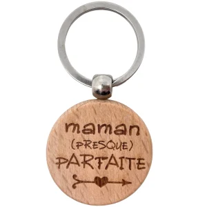 PORTE-CLEFS ROND EN BOIS - MAMAN - PRESQUE PARFAITE