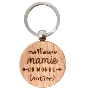 PORTE-CLEFS ROND EN BOIS - MAMIE - MEILLEURE DU MONDE ENTIER