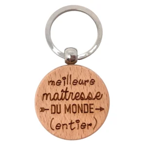 PORTE-CLEFS ROND EN BOIS - MAITRESSE - MEILLEURE DU MONDE ENTIER