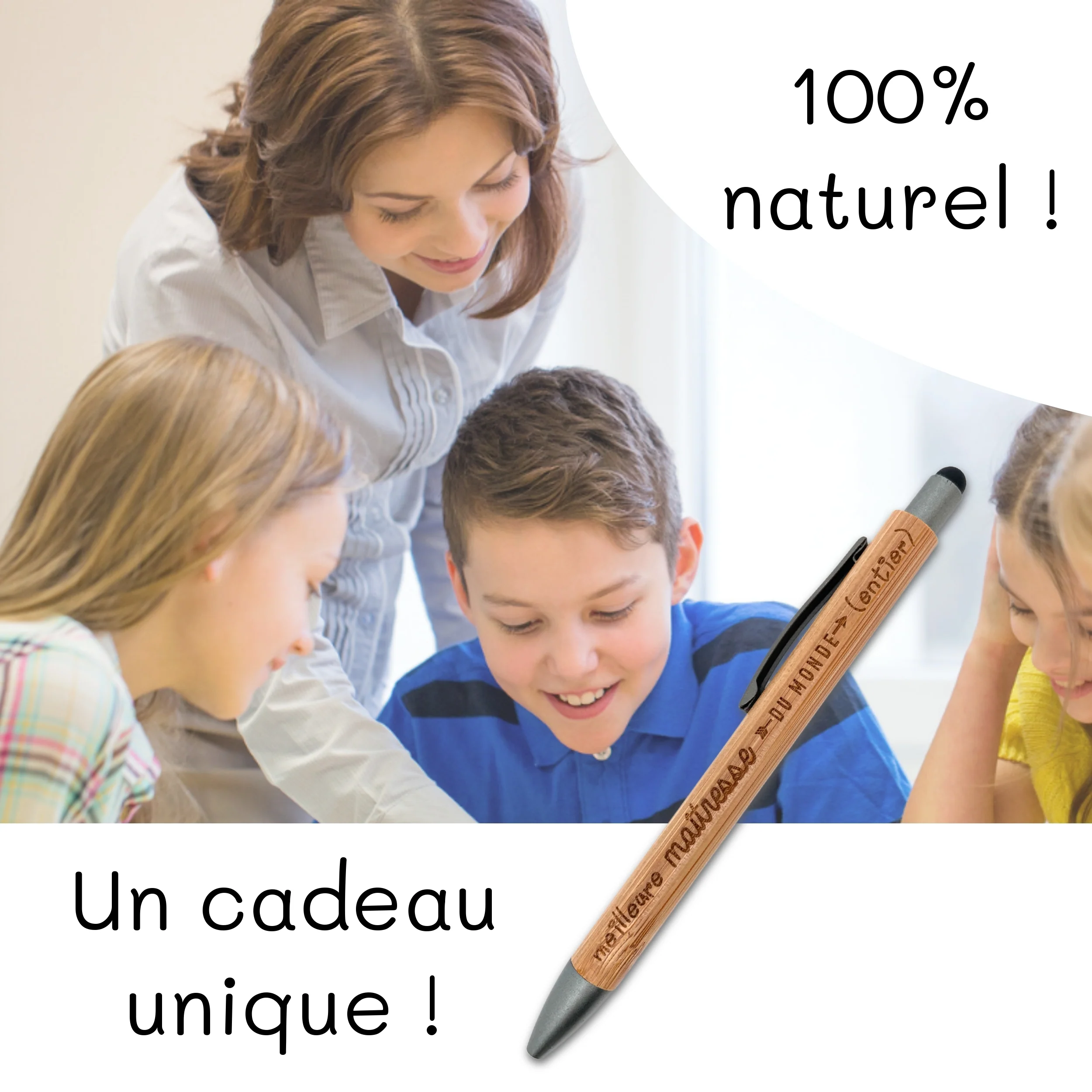 STYLO BAMBOU AVEC EMBOUT TACTILE - MAITRESSE - MEILLEURE DU MONDE ENTIER – Image 3