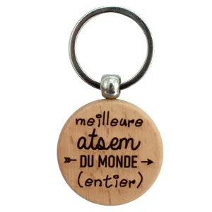 PORTE-CLEFS ROND EN BOIS - ATSEM - MEILLEURE DU MONDE ENTIER
