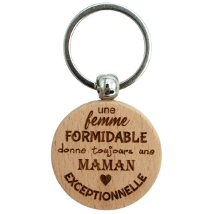 PORTE-CLEFS ROND EN BOIS - FEMME FORMIDABLE MAMAN EXCEPTIONNELLE