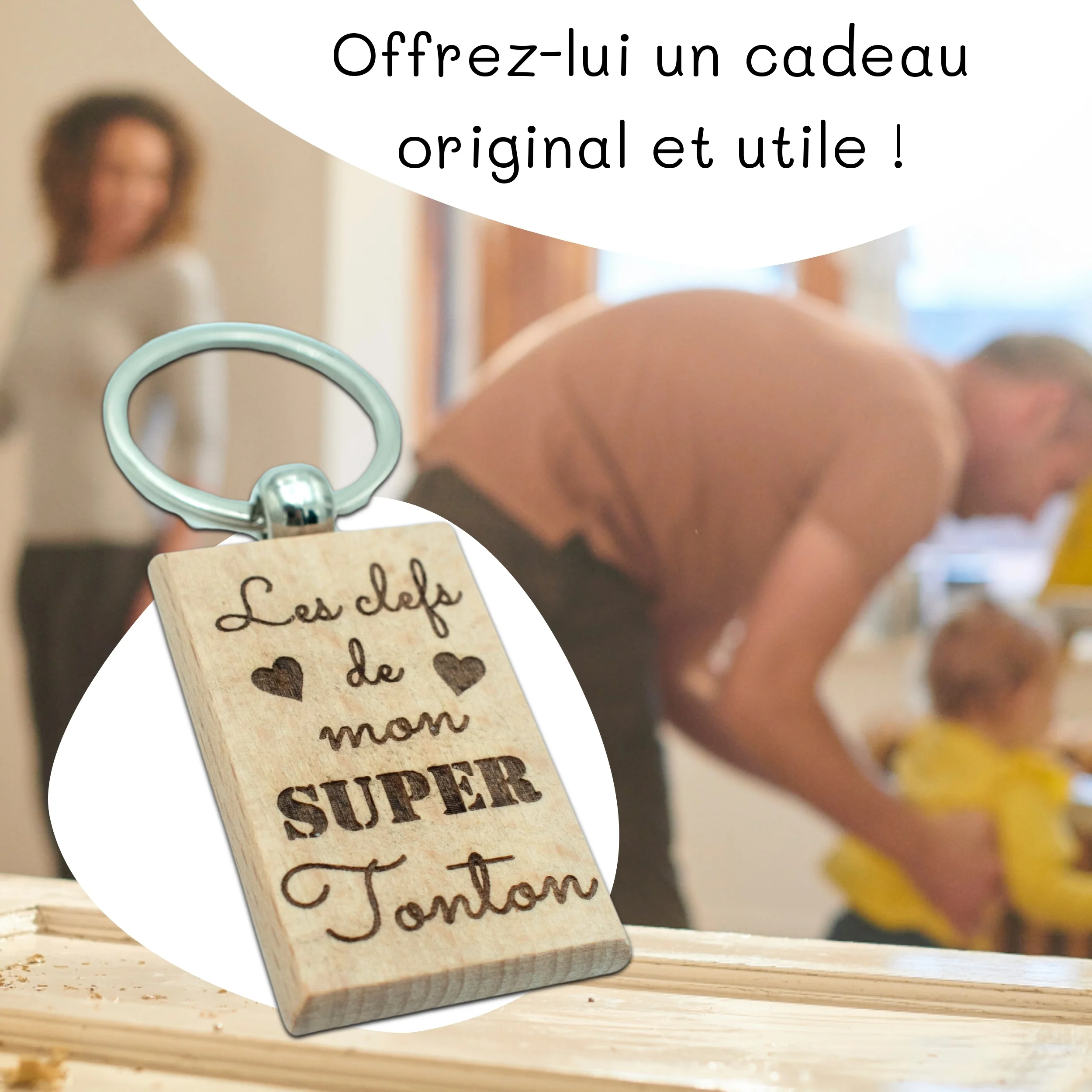 PORTE-CLEFS RECTANGLE EN BOIS - TONTON - LES CLEFS – Image 2