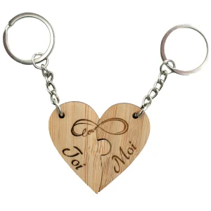 PORTE-CLEFS DOUBLE COEUR EN BAMBOU - TOI + MOI