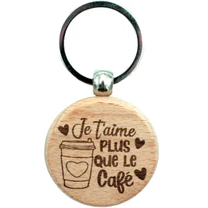 PORTE-CLEFS ROND EN BOIS - AMOUR - JE T'AIME PLUS QUE LE CAFÉ