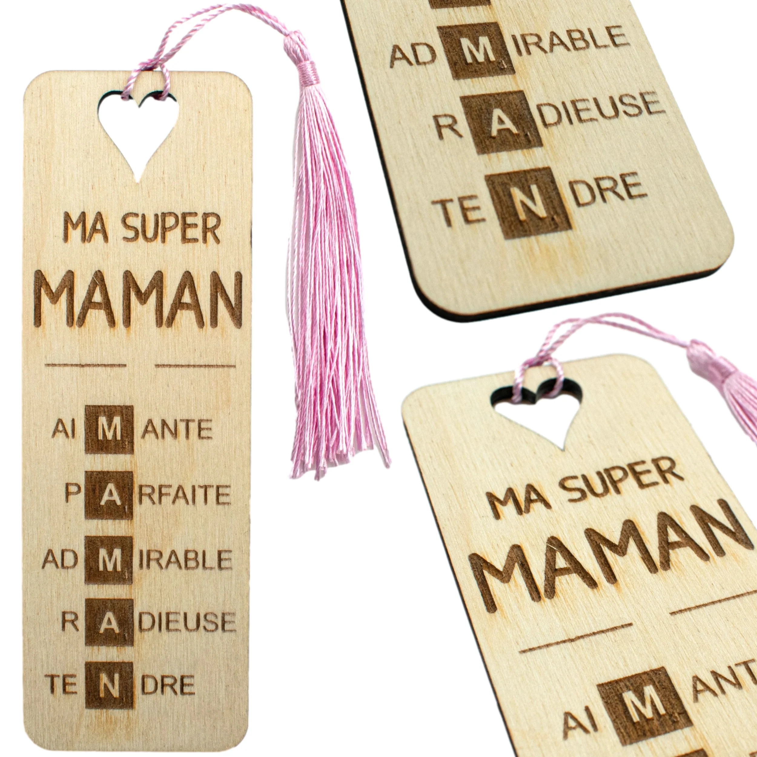 MARQUE-PAGES EN BOIS AVEC POMPON - ROSE - MAMAN - SCRABBLE