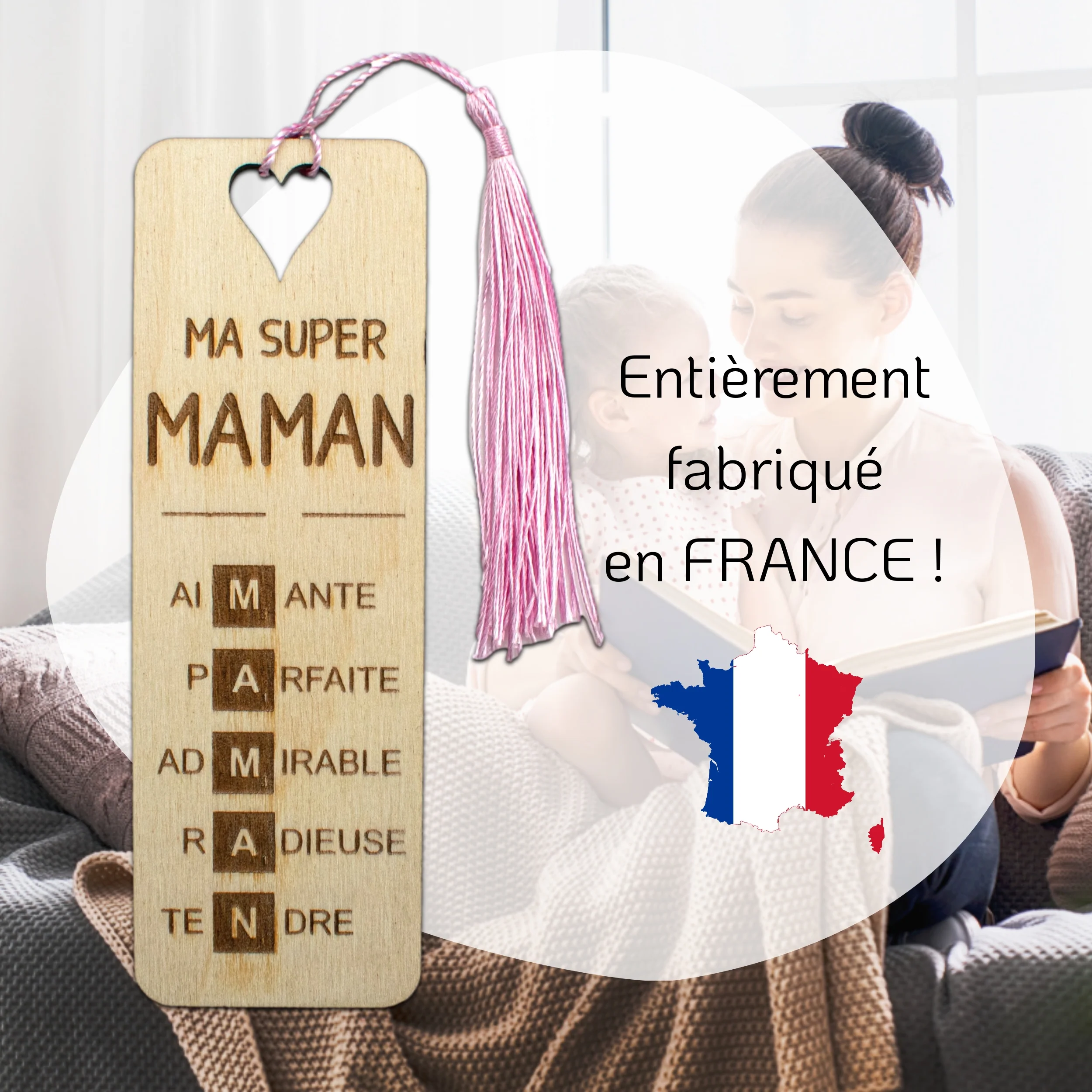 MARQUE-PAGES EN BOIS AVEC POMPON - ROSE - MAMAN - SCRABBLE – Image 2