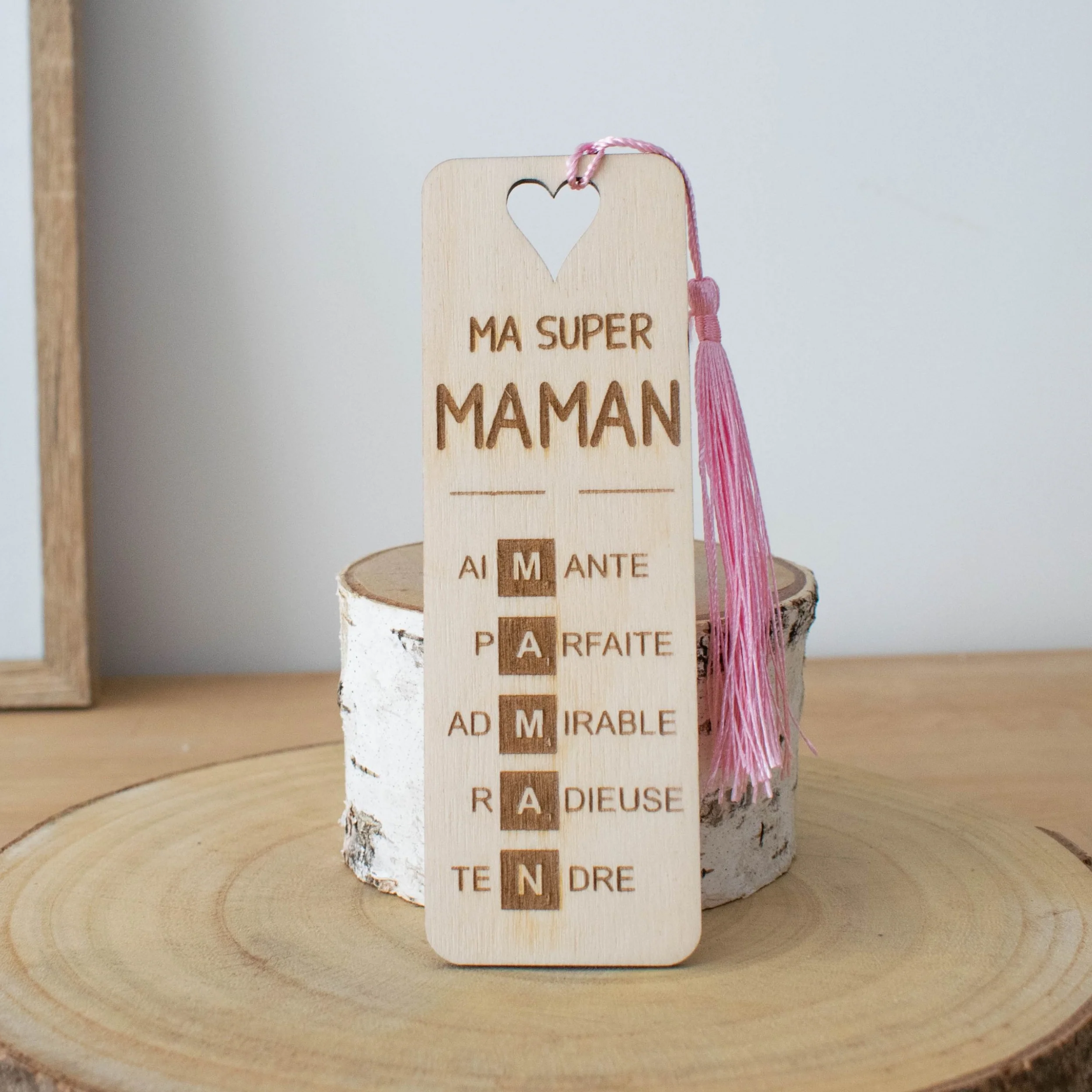 MARQUE-PAGES EN BOIS AVEC POMPON - ROSE - MAMAN - SCRABBLE – Image 4