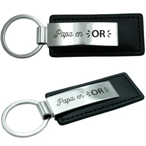 PORTE-CLEFS EN ACIER ET CUIR - NOIR - PAPA EN OR