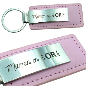 PORTE-CLEFS EN ACIER ET CUIR - ROSE - MAMAN EN OR