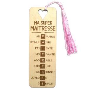 MARQUE-PAGES EN BOIS AVEC POMPON - ROSE - MAITRESSE - SCRABBLE