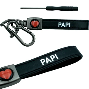 PORTE-CLEFS EN CUIR NOIR - COEUR ROUGE - PAPI