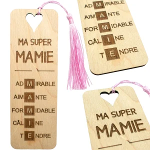 MARQUE-PAGES EN BOIS AVEC POMPON - ROSE - MAMIE - SCRABBLE