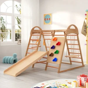 🧗♀️ Aire de Jeux Intérieure 7-en-1 Montessori en Bois – Escalade, Balançoire & Toboggan 🌈