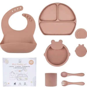 Assiette Bebe en Silicone: Assiette Ventouse Bol Fourche Cuillère Bavoir et Tasse - Maron