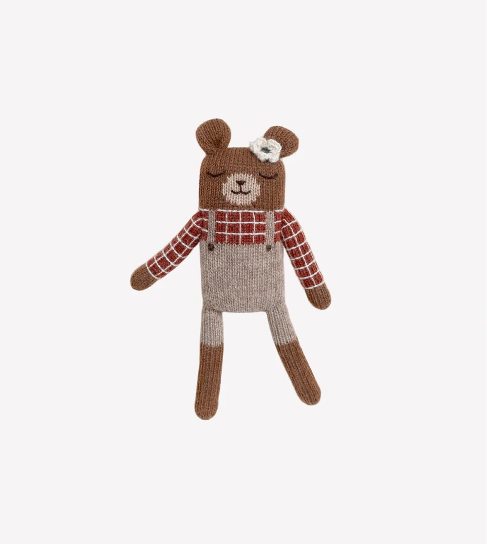 Petit ourson en tricot - Chemise à carreaux sienne