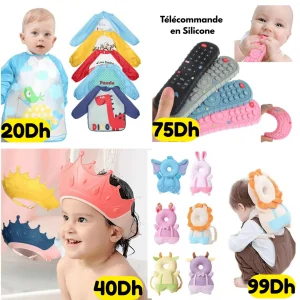 Pack Bébé 4 articles – Télécommande de dentition + Bavoir à manches + Bonnet de douche + Coussin de protection tête