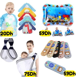 Pack Bébé 4 articles – Télécommande de dentition + Bavoir à manches + Tapis d’eau + Écharpe porte-bébé