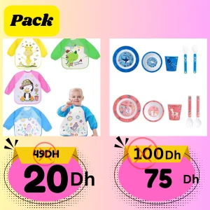 Pack Bébé – Set Repas 5 Pièces Sans BPA + Bavoir à Manches Longues
