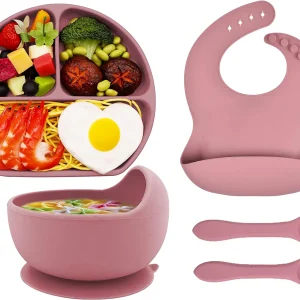 Assiette  Bebe en Silicone: Assiette Ventouse Bol Fourche Cuillère Bavoir et Tasse