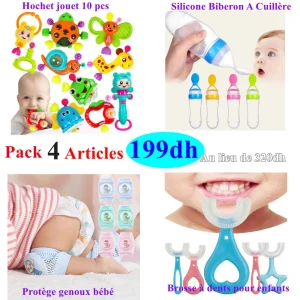 Pack 4 articles  Hochet + bibron silicone + protège genoux + brosse à dents